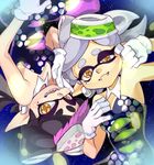  2girls aori_(splatoon) black_hair detached_collar domino_mask dress earrings fangs food food_on_head gloves grey_hair highres hotaru_(splatoon) itsuya_(mohumohu0521) jewelry long_hair looking_at_viewer mask mole mole_under_eye multiple_girls object_on_head open_mouth pointy_ears short_hair smile splatoon_(series) splatoon_1 strapless tentacle_hair upside-down white_gloves 