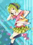  ;d ahoge ankle_boots badge bare_shoulders beamed_eighth_notes blue_background blue_legwear boots bracelet buckle buttons cable collarbone digital_media_player eighth_note english green_eyes green_hair green_skirt gumi hairband headphones highres holding jewelry kneehighs leg_up musical_note navel off-shoulder_shirt one_eye_closed open_mouth pink_footwear plaid plaid_skirt pleated_skirt polka_dot polka_dot_bracelet purple_ribbon quarter_note ribbon round_teeth sakia shirt short_hair simple_background skirt sleeve_cuffs smile smiley_face solo standing stomach striped striped_background tareme teeth vocaloid 