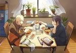  arm_support barefoot black_hair blonde_hair book bowl box cardboard_box chair chin_rest chopsticks closed_eyes cup curtains dining_room drinking_glass dumpling egg facial_mark facing_another flower_pot food from_side indoors jacket jiaozi long_sleeves male_focus meat multiple_boys naruto naruto_(series) noodles oba-min open_mouth pitcher plant plate potted_plant ramen rug sauce scroll sitting smile soy_sauce spiked_hair sunlight table uchiha_sasuke uzumaki_naruto water whisker_markings window wooden_floor 