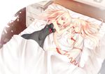  bed bed_sheet blonde_hair closed_eyes dress dual_persona expressionless fairy_wings lily_black lily_white long_hair looking_at_another lying multiple_girls navel on_side red_eyes see-through sleepwear smile touhou white_dress wings z.o.b 