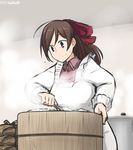  ahoge brown_hair collar commentary dated flying_sweatdrops frilled_shirt_collar frilled_sleeves frills hair_ornament hair_ribbon hairclip hamu_koutarou kantai_collection kappougi long_hair mamiya_(kantai_collection) ohitsu ponytail pot ribbon rice rice_spoon simple_background smile solo steam sweat 
