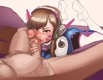  1girl ass bodysuit brown_eyes brown_hair clothed_female_nude_male d.va_(overwatch) fellatio headphones hetero legs_up long_hair lying nude on_stomach oral overwatch penis solo_focus tumtumisu uncensored whisker_markings 