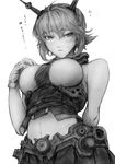  arm_behind_back bangs bare_shoulders blush breasts eyebrows_visible_through_hair gloves greyscale hair_ornament hand_on_own_chest imizu_(nitro_unknown) kantai_collection large_breasts midriff monochrome mutsu_(kantai_collection) parted_lips short_hair simple_background solo standing sweatdrop translation_request white_background 