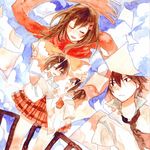  closed_eyes day enomoto_takane hair_ornament hairclip kagerou_project kisaragi_shintarou kokonose_haruka long_hair paper red_scarf scarf school_uniform short_hair sky smile tateyama_ayano traditional_media watercolor_(medium) xi_yuu 