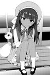  dark_skin fate/strange_fake fate_(series) greyscale hair_ribbon hanabana_tsubomi hat jpeg_artifacts long_hair looking_at_viewer monochrome ribbon school_hat school_uniform sitting skirt solo stuffed_toy teene_cherke 