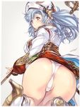  ass blue_eyes blurry blush boots depth_of_field dutch_angle from_behind granblue_fantasy hat high_heels holding holding_staff kneeling long_hair looking_at_viewer looking_back md5_mismatch min-naraken panties parted_lips partially_visible_vulva red_eyes simple_background solo sophia_(granblue_fantasy) staff twintails underwear white_background white_panties 
