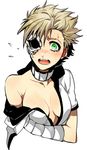  amiya arrancar bleach blonde_hair blush breasts cleavage eyepatch green_eyes menoly_mallia open_mouth short_hair simple_background small_breasts solo undressing white_background 