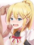  1girl bad_id bad_pixiv_id blonde_hair blue_eyes blush breath censored clothed_female_nude_male collar darkness_(konosuba) heavy_breathing hetero imminent_fellatio kono_subarashii_sekai_ni_shukufuku_wo! leash long_hair mosaic_censoring nude open_mouth penis ponytail saliva sidelocks solo_focus synchroaki 