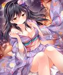  black_hair blush breasts collarbone dutch_angle feet_out_of_frame floral_print hair_bobbles hair_ornament japanese_clothes kantai_collection kimono knees_together_feet_apart large_breasts light_smile long_hair looking_at_viewer nogi_takayoshi obi sash sitting solo ushio_(kantai_collection) 