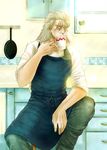  apron ceramics chair cup denim drinking frying_pan hokuto_no_ken kitchen knee_up lens_flare long_hair male_focus ninnko no_pupils plant scar scar_across_eye shuu_(hokuto_no_ken) silver_hair sitting sleeves_rolled_up solo sunlight table 