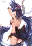  animal_ears arms_up back bell black_hair black_legwear breasts copyright_name erune fang fox_ears fox_shadow_puppet fox_tail from_behind gloves granblue_fantasy hair_bell hair_ornament haoni long_hair looking_at_viewer looking_back medium_breasts open_mouth red_eyes sideboob solo tail thighhighs very_long_hair white_background yuel_(granblue_fantasy) 