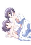  bare_shoulders blush breasts cover dress dual_persona dvd_cover glasses hanging_breasts looking_at_viewer looking_back lowres lying multiple_girls nagato_yuki nagato_yuki-chan_no_shoushitsu no_bra official_art on_back purple_hair push_down short_hair sideboob simple_background sleeveless sleeveless_dress small_breasts sundress suzumiya_haruhi_no_shoushitsu suzumiya_haruhi_no_yuuutsu white_background white_dress yuri 