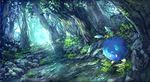  forest gen_1_pokemon grass highres nature no_humans outdoors pippi_(pixiv_1922055) plant pokemon pokemon_(creature) river rock solo stream tree venonat water 