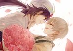  backlighting bouquet closed_eyes earrings flower freckles from_side hand_on_another's_cheek hand_on_another's_face hoop_earrings ja'far jewelry long_hair low_ponytail magi_the_labyrinth_of_magic male_focus multiple_boys open_mouth petals pink_flower ponytail profile purple_hair sinbad_(magi) smile turban white_background white_hair wonkrin yaoi 