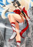  ahri aircraft airplane animal_ears black_hair breasts brown_eyes city cleavage detached_sleeves fighter_jet fox_ears fox_tail giantess jet korean_clothes large_breasts league_of_legends long_hair military military_vehicle multiple_tails nonoririn panties solo tail underwear yellow_eyes 