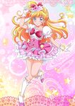 asahina_mirai blonde_hair boots bow cure_miracle earrings full_body gem gloves hair_bow half_updo hanzou hat jewelry knee_boots long_hair looking_at_viewer magic_circle magical_girl mahou_girls_precure! mini_hat mini_witch_hat pink_background pink_bow pink_hat pink_skirt ponytail precure purple_eyes red_bow skirt smile solo standing star v white_footwear white_gloves witch_hat 