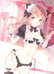  animal_ears ass_visible_through_thighs badge black_legwear bow bowtie breasts button_badge cat_ears cleavage contrapposto cowboy_shot detached_collar garters glint gloves hair_bow heart kabako_(lilypicture410v) light_brown_eyes light_brown_hair long_hair maid_bikini maid_headdress medium_breasts midriff navel original puffy_short_sleeves puffy_sleeves short_sleeves single_thighhigh smile solo standing thighhighs tray white_gloves wrist_cuffs 