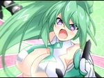  blush breasts cleavage close-up green_hair green_heart large_breasts long_hair looking_at_viewer neptune_(series) open_mouth pink_wings ponytail purple_eyes solo symbol-shaped_pupils warabi_mochi_(ehimedaisuki) wings 