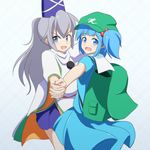  :d backpack bag blue_eyes blue_hair blush cabbie_hat cato_(monocatienus) commentary_request dancing grey_eyes grey_hair hair_bobbles hair_ornament happy hat holding_hands japanese_clothes kariginu kawashiro_nitori long_hair long_ponytail looking_at_viewer miniskirt mononobe_no_futo multiple_girls open_mouth pom_pom_(clothes) ponytail short_hair skirt smile tate_eboshi touhou two_side_up v-shaped_eyebrows waltz_(dance) 