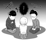  2boys bad_id bad_twitter_id glasses_boy_(osomatsu-san) greyscale hood hoodie kayoko_(panchlora) matsuno_ichimatsu monochrome multiple_boys osomatsu-kun osomatsu-san seiza short-haired_girl_(osomatsu-san) sitting skirt turtleneck 