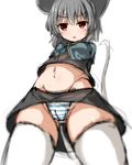  animal_ears blush cameltoe grey_hair kihuzinz looking_at_viewer midriff mouse_ears mouse_tail navel nazrin panties red_eyes short_hair simple_background sketch solo striped striped_panties tail thighhighs touhou underwear white_background white_legwear 
