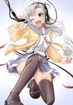  ;d ahoge belt breasts brown_legwear cable cardigan green_eyes grey_hair hair_ornament hair_tie headphones holding holding_microphone holding_paper kantai_collection kinugasa_(kantai_collection) large_breasts long_hair long_sleeves microphone namae_hamada necktie one_eye_closed open_mouth paper remodel_(kantai_collection) sandals school_uniform serafuku skirt smile solo sparkle thighhighs tsurime yellow_neckwear 