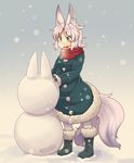  animal_ears fox_ears fox_tail fukunomiya_koko green_eyes kuromiya multiple_tails original scarf short_hair silver_hair snowing snowman solo tail 