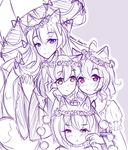  absurdres animal_ears artist_name bangs blush bow cheek_pinching hair_between_eyes hair_bow hands_clasped hat head_wreath heart height_difference highres interlocked_fingers inubashiri_momiji japanese_clothes kemonomimi_mode kimono lavender_background long_hair long_sleeves looking_at_viewer mmoe_chan monochrome multiple_girls no_hat no_headwear own_hands_together pinching pink_eyes pouty_lips purple_eyes ribbon ribbon_trim saigyouji_yuyuko short_hair sketch smile spot_color tokin_hat touhou umbrella wide_sleeves yakumo_ran yakumo_yukari yellow_eyes younger 