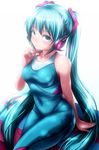  aqua aqua_eyes aqua_hair bad_id bad_pixiv_id bodysuit covered_navel hatsune_miku headset highres long_hair looking_at_viewer nail_polish shimizu_pem sitting skin_tight solo twintails very_long_hair vocaloid white_background 