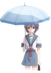  cover dvd_cover expressionless glasses holding holding_umbrella kita_high_school_uniform looking_at_viewer lowres nagato_yuki nagato_yuki-chan_no_shoushitsu official_art school_uniform serafuku short_hair solo suzumiya_haruhi_no_shoushitsu suzumiya_haruhi_no_yuuutsu umbrella 