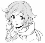  atra_mixta blush cutiebell fingers_together greyscale gundam gundam_tekketsu_no_orphans hair_flaps hood hoodie long_sleeves looking_at_viewer monochrome open_mouth screentones short_hair simple_background sleeves_past_wrists smile solo wavy_hair white_background 