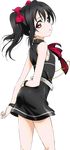  arm_behind_back ass black_dress black_hair bow bracelet cowboy_shot diamond_princess_no_yuuutsu dress earrings hair_bow jewelry looking_at_viewer love_live! love_live!_school_idol_project necktie official_art parted_lips red_bow red_eyes red_neckwear sleeveless solo transparent_background yazawa_nico 