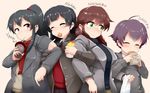  agano_(kantai_collection) ahoge alternate_costume black_hair blush braid breasts brown_eyes brown_hair cardigan casual character_name closed_eyes coat croquette cup drinking drinking_straw eating green_eyes kantai_collection large_breasts locked_arms long_hair mizuyan multiple_girls noshiro_(kantai_collection) ponytail purple_hair sakawa_(kantai_collection) scarf short_hair smile sweater toothpick twin_braids yahagi_(kantai_collection) 