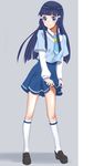  absurdres amawa_kazuhiro aoki_reika blue_eyes blue_hair blue_neckwear blue_skirt full_body grey_background hair_ornament hairclip highres kneehighs long_hair looking_at_viewer nanairogaoka_middle_school_uniform necktie precure school_uniform shoes skirt smile smile_precure! solo standing white_legwear 