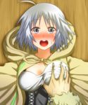  1girl :o ahoge bangs blush bodice breast_grab breasts cloak collarbone dharc duel_monster grabbing grey_eyes hand_on_breast highres hood hood_down hooded_cloak large_breasts looking_at_viewer lyna nose_blush open_mouth out_of_frame p-b-c_(dark_matter_kakine) pov pov_hands round_teeth short_hair smile sweat taut_clothes teeth underbust white_hair yuu-gi-ou yuu-gi-ou_duel_monsters 