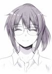  ^_^ closed_eyes collared_shirt dress_shirt facing_viewer glasses greyscale hair_between_eyes highres monochrome nagato_yuki nagato_yuki-chan_no_shoushitsu ponytail puyo rimless_eyewear shirt shorts simple_background solo suzumiya_haruhi_no_shoushitsu suzumiya_haruhi_no_yuuutsu upper_body white_background 