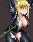  arms_up belt blonde_hair blue_eyes blush bodysuit breast_poke breasts center_opening cleavage clenched_teeth collarbone commentary_request hair_bun hair_ornament hair_stick large_breasts long_hair looking_at_viewer nancy_lee ninja_slayer poking solo teeth yadzuka 