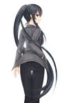  alternate_costume arm_at_side asatsuki_(fgfff) ass bad_id bad_nicoseiga_id black_hair black_pants casual contemporary from_behind grey_shirt hand_in_pocket hand_on_hip highres kantai_collection long_hair long_sleeves looking_back pants ponytail profile shirt sidelocks simple_background smile solo standing thigh_gap very_long_hair white_background yahagi_(kantai_collection) 