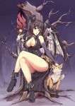  :d animal ankle_boots bare_legs bare_shoulders bare_tree black_dress boots breasts bridal_gauntlets chain cleavage crossed_legs dark_background demon_wings dress elbow_gloves fox full_body gloves highres large_breasts light_smile looking_at_viewer open_mouth original packge red_eyes simple_background sitting smile solo star tareme tree wand wings 