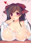  artist_name blush bow breasts brown_hair covering_mouth cum cum_in_mouth cum_on_body cum_on_breasts cum_on_upper_body facial hair_bow heart highres huge_breasts kantai_collection long_hair mamiya_(kantai_collection) obiwan purple_eyes see-through simple_background solo 