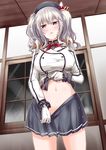  blush commentary_request cowboy_shot dutch_angle epaulettes gloves kantai_collection kashima_(kantai_collection) looking_at_viewer mikage_takashi navel shirt_lift silver_hair skirt skirt_pull solo uniform window 