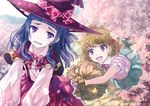  :d asahina_mirai blonde_hair blue_skirt bow broom broom_riding cherry_blossoms hat hat_bow izayoi_liko long_hair magic_school_uniform mahou_girls_precure! multiple_girls open_mouth pink_footwear plaid plaid_bow precure purple_eyes purple_hair red_hat red_skirt shirt shoes short_hair skirt smile tree white_shirt witch_hat yakka 