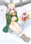  bag bikini blush boots breasts cleavage coffee cup fur-trimmed_boots fur_hat fur_trim hat headphones jacket large_breasts long_hair looking_at_viewer mug navel nitroplus paper_bag pink_hair red_eyes russian smile snow snow_boots snowman solo super_sonico swimsuit thermos translated tsuji_santa ushanka 