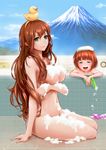  androgynous bath bathhouse bathing bathtub breasts brown_hair child convenient_censoring green_eyes hairband highres inishie_no_megami_to_houseki_no_ite karuarua long_hair medium_breasts mount_fuji navel nude open_mouth orange_hair rubber_duck sitting smile soap_bubbles soap_censor steam water_gun 