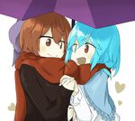 :d blue_eyes blue_hair bow capelet eye_contact face-to-face hair_bow heart heterochromia holding_hands looking_at_another multiple_girls open_mouth red_eyes red_hair red_scarf scarf sekibanki shared_scarf shared_umbrella short_hair smile tatara_kogasa touhou tyouseki umbrella yuri 