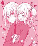  1girl ^_^ amane_kurumi blush closed_eyes female_saniwa_(touken_ranbu) heart honebami_toushirou hug hug_from_behind japanese_clothes monochrome necktie saniwa_(touken_ranbu) side_ponytail smile touken_ranbu 