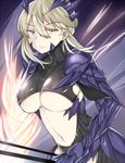 armor artoria_pendragon_(all) artoria_pendragon_(lancer_alter) breasts cleavage dark_rhongomyniad fate/grand_order fate_(series) gauntlets holding holding_weapon horns lance large_breasts looking_at_viewer navel polearm reins sabujiroko short_hair smile solo spikes underboob weapon yellow_eyes 