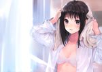  :d absurdres black_eyes black_hair blush bra breasts cleavage dress_shirt fujita_hidetoshi highres long_hair looking_at_viewer open_clothes open_mouth open_shirt original scan shirt small_breasts smile solo towel towel_on_head underwear white_bra 