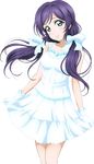  aqua_eyes blue_hair dress hair_over_shoulder hair_ribbon looking_at_viewer love_live! love_live!_school_idol_project low_twintails official_art ribbon shiranai_love_oshiete_love sleeveless smile solo toujou_nozomi transparent_background tress_ribbon twintails white_dress 