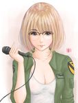  absurdres bad_id bad_pixiv_id banned_artist blonde_hair blue_eyes breasts cleavage collarbone covered_nipples eyelashes glasses gradient gradient_background highres jacket light_smile lips looking_at_viewer military military_jacket original over-rim_eyewear patch pink_background see-through semi-rimless_eyewear shirt short_hair sketch sleeves_rolled_up small_breasts solo sweetsoupman upper_body white_shirt 